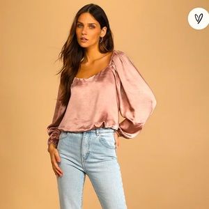Lulu's Dusty Rose Satin Balloon Sleeve Blouse